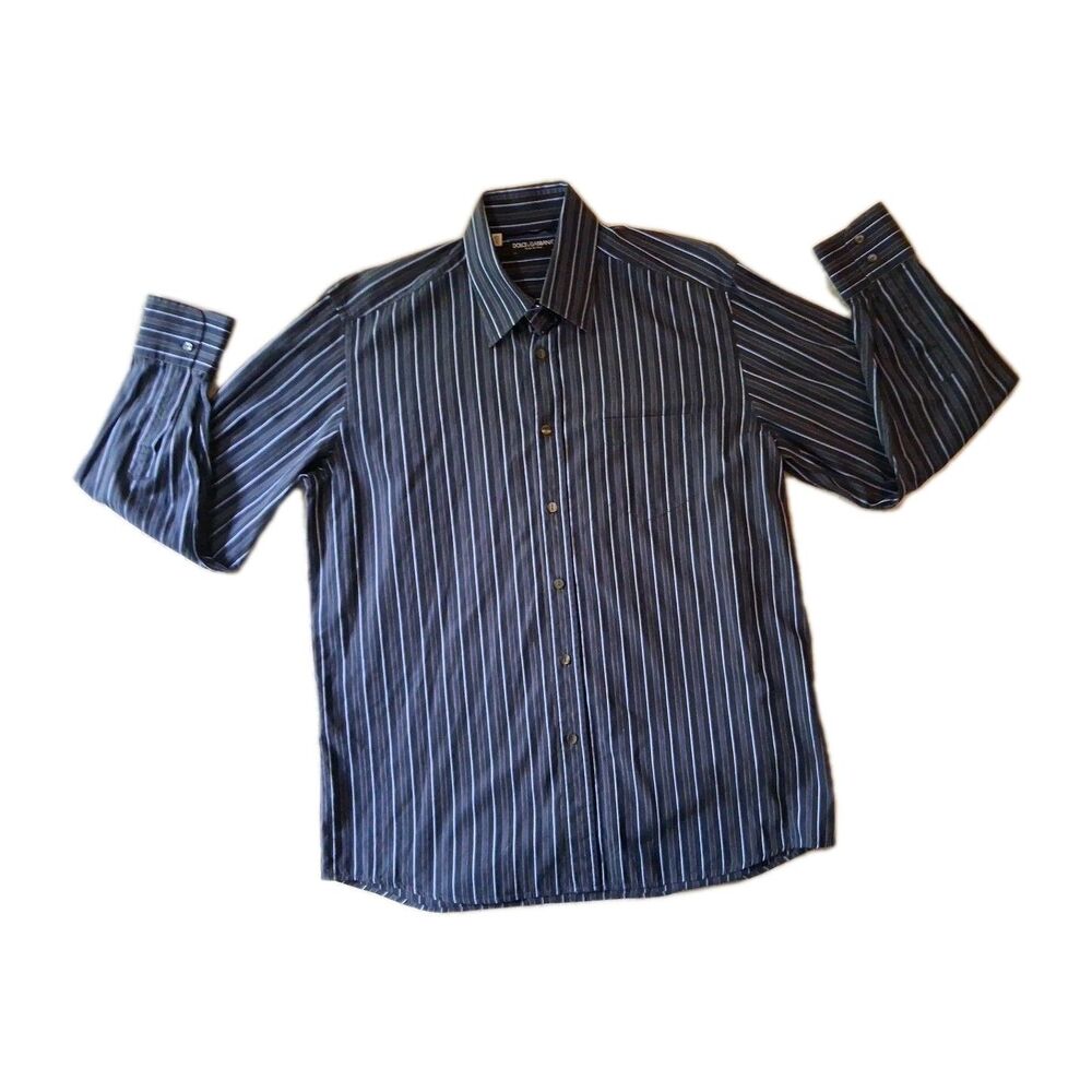 Dolce & Gabbana Mens Striped Button Down Shirt Black /Blue Made in Italy 16.5 42